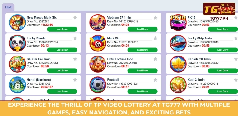 Experience the thrill of TP Video Lottery at TG777 with multiple games, easy navigation, and exciting bets